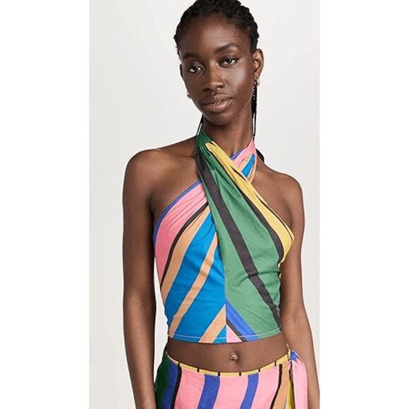 STAUD Tops - Staud Formentera Striped Kai Criss-Cross Smocked Halter Top Women's Size Small